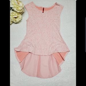 Floral Girls Top High Low Cap Sleeve junior XL peach top w/ long sheer back